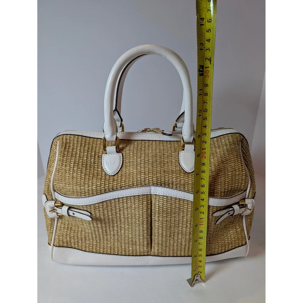 Lauren Ralph Lauren Straw Woven Satchel Bag White Leather Trim Gold Hardware